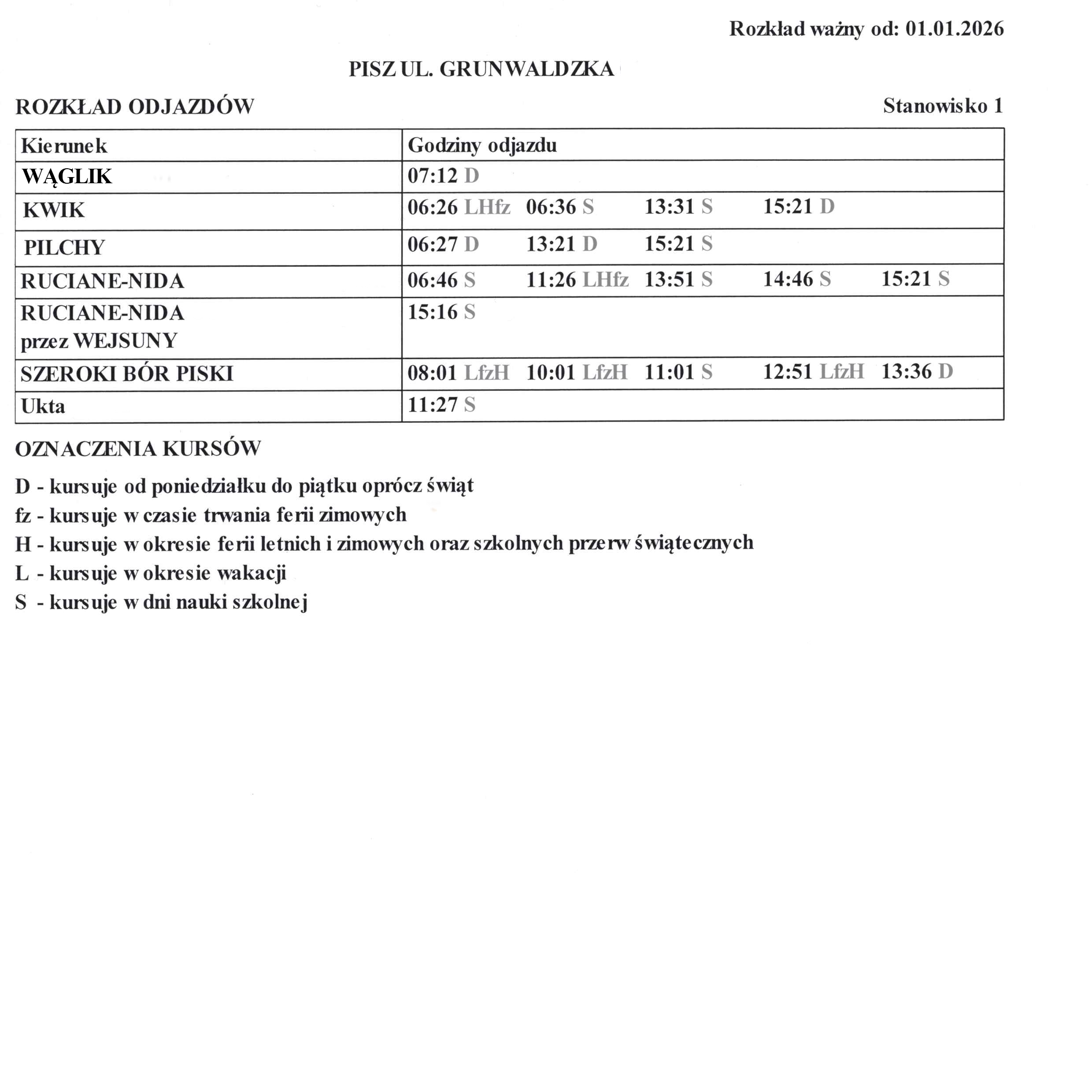 Rozkład jazdy — Pisz, ul. Grunwaldzka