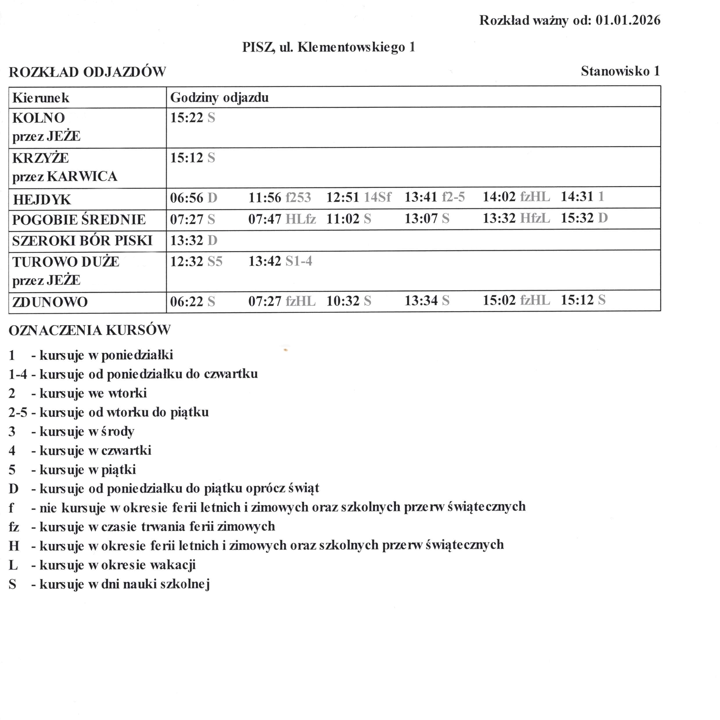 Rozkład jazdy — Pisz, ul. Klementowskiego 1